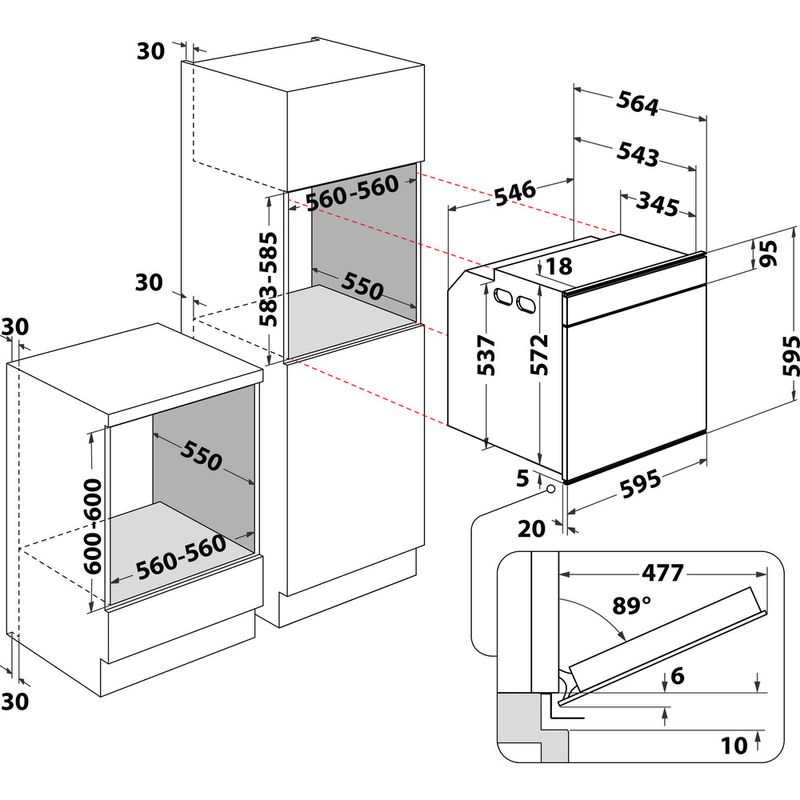 Whirlpool Piekarnik Do zabudowy W6 OM4 4S1 H BSS Elektryczny A+ Technical drawing