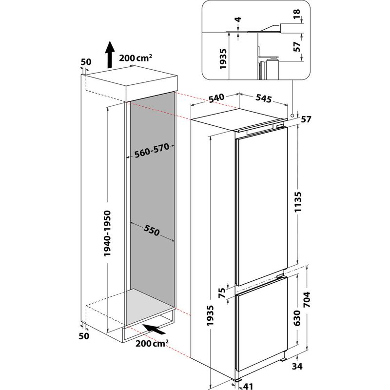 Whirlpool Lodówka z zamrażarką Do zabudowy ART 9811 SF2 Biel Dwudrzwiow(y)a Technical drawing