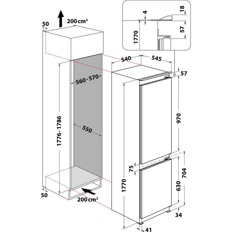 Whirlpool Lodówka z zamrażarką Do zabudowy ART 66102 Biel Dwudrzwiow(y)a Technical drawing