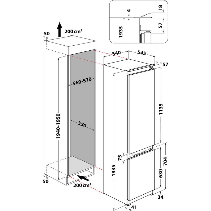 Whirlpool Lodówka z zamrażarką Do zabudowy WHC20 T352 Biel Dwudrzwiow(y)a Technical drawing