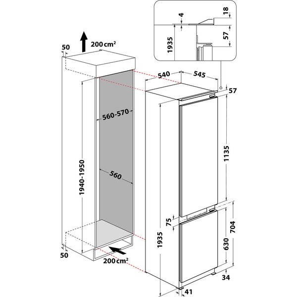 Whirlpool Lodówka z zamrażarką Do zabudowy WHC20 T593 P Biel Dwudrzwiow(y)a Technical drawing