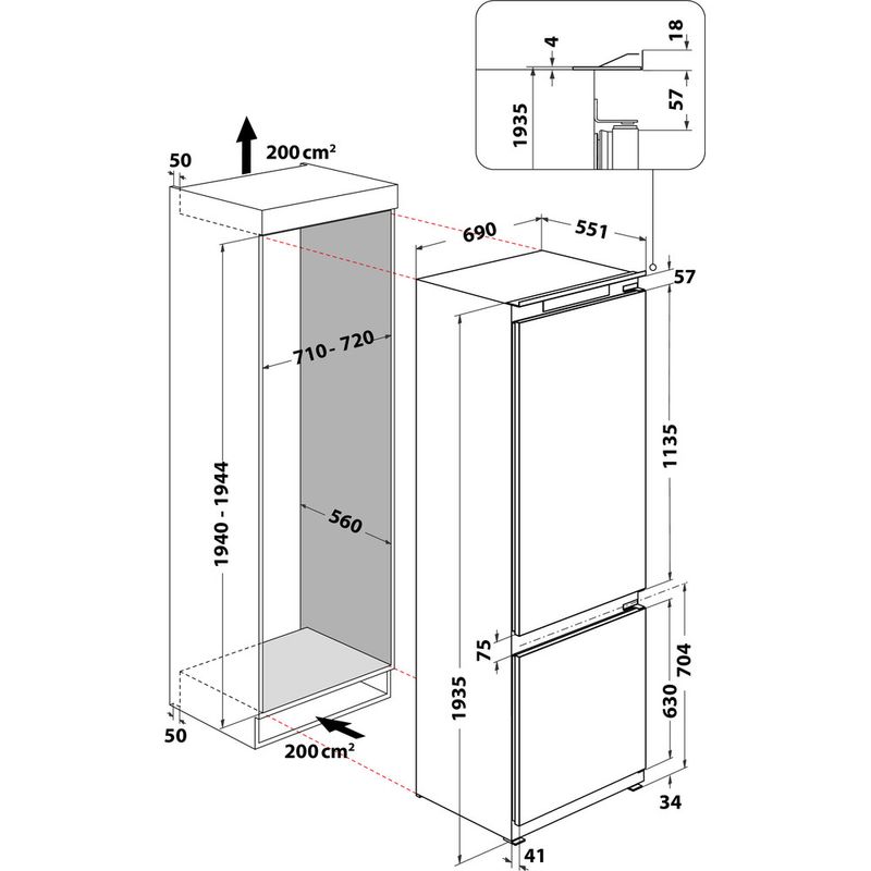 Whirlpool Lodówka z zamrażarką Do zabudowy WH SP70 T232 P Biel Dwudrzwiow(y)a Technical drawing