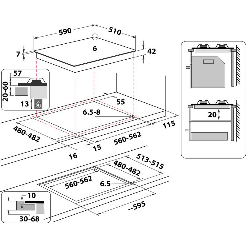 Whirlpool Płyta grzewcza GOFL 629/WH Biel Gazowy Technical drawing