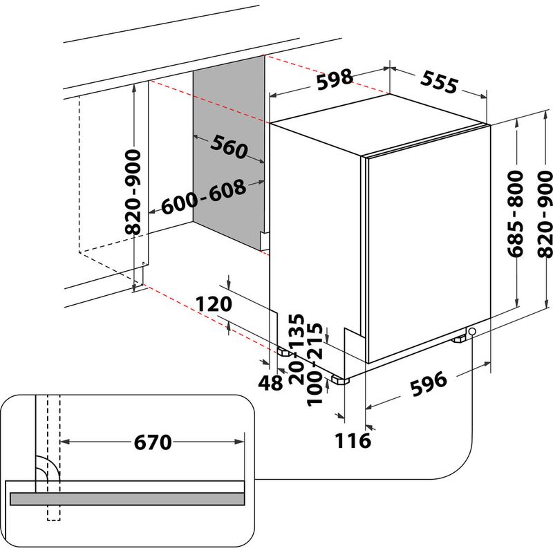 Whirlpool Zmywarka Do zabudowy WIP 4T133 PE S Zintegrowane D Technical drawing