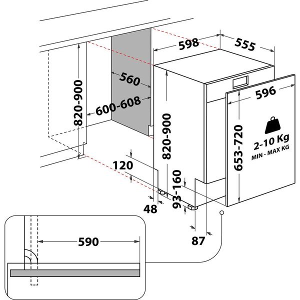 Whirlpool Zmywarka Do zabudowy WIC 3C33 F Zintegrowane D Technical drawing