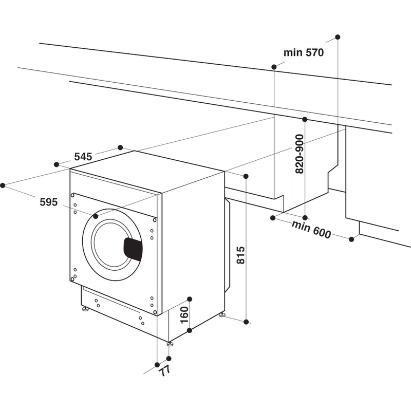 Whirlpool Pralkosuszarka Do zabudowy BI WDWG 961485 EU Biel Ładowany od frontu Technical drawing