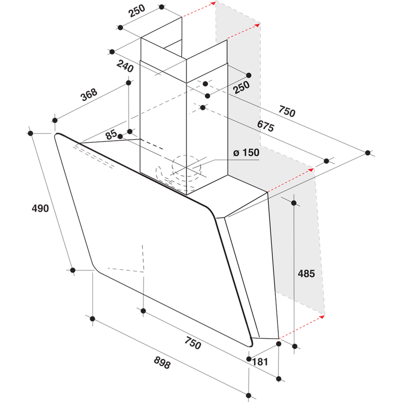 Whirlpool Okap Do zabudowy WHVS 91F LT DP K Czarny Kominowy Elektroniczny Technical drawing