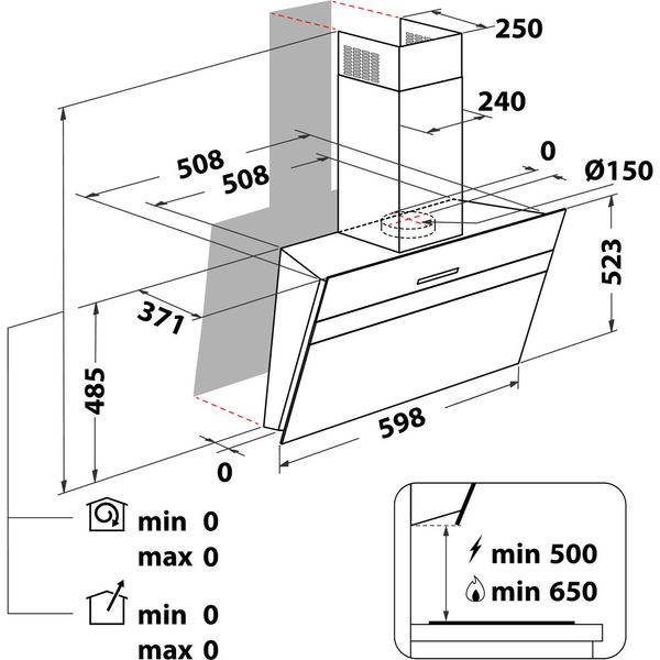 Whirlpool Okap Do zabudowy WHVS 61F LT DP K Czarny Kominowy Elektroniczny Technical drawing