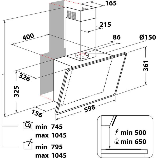 Whirlpool Okap Do zabudowy WHVP 62F LT SK Czarny Wolnostojące Elektroniczny Technical drawing