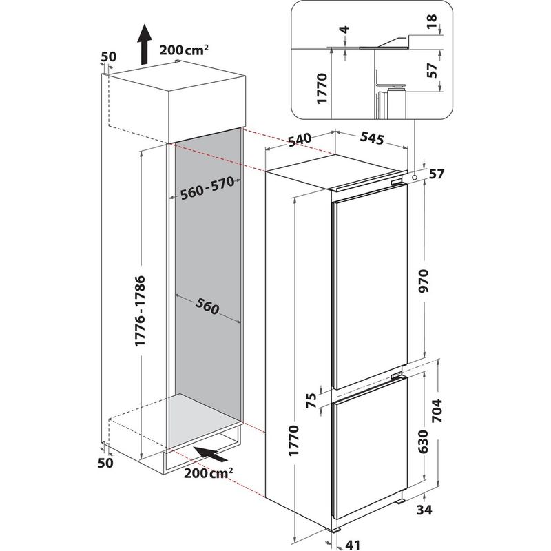 Whirlpool Lodówka z zamrażarką Do zabudowy WHC18D051A1 Biel Dwudrzwiow(y)a Technical drawing